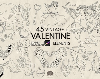 Valentine's Day Procreate Stamps: 45 Vintage Cupids and Hearts Brushes (Procreate iPad Only)