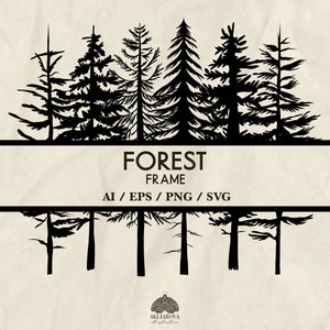 Bos Split Frame Svg natuur framerand pijnbomen bos sparren Fir Tree Frame Logo bos silhouet bruiloft Png Svg-bestand voor Cricut