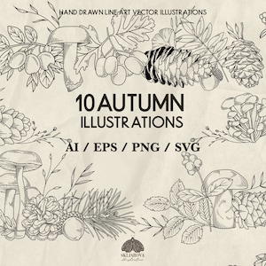 Botanique Svg automne dessin au trait art Svg forêt forêt automne botanique illustration vectorielle ligne dessin art floral Svg plantes champignon Svg pomme de pin gland