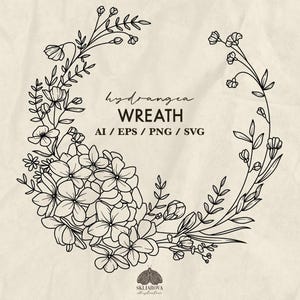 Op de afbeelding: Zwart-witte lijntekening van een hortensia krans. De tekst "hydrangea wreath" en "AI / EPS / PNG / SVG" is in de afbeelding opgenomen.