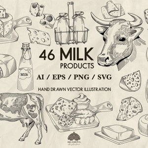 Milk Svg bundle Cheese Svg Food line drawing Farm Milk products Svg Food line art Svg Cow Butter Cottage cheese Parmesan Cream Yogurt Decal