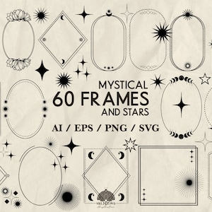 60 cadres mystiques et étoiles Svg Bundle Magic Boho cadre bordures clipart Svg mystique vecteur sorcellerie cadre céleste fichiers Svg pour cricut