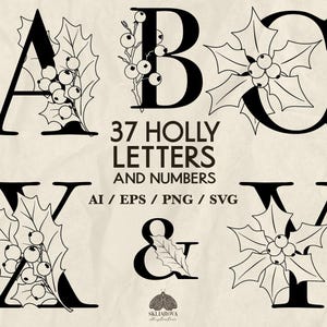 Ensemble de Noël Floral Alphabet SVG Alphabet d'hiver ABC dessiné main botanique houx feuilles baies lettres Clipart monogramme Cricut lettre PNG