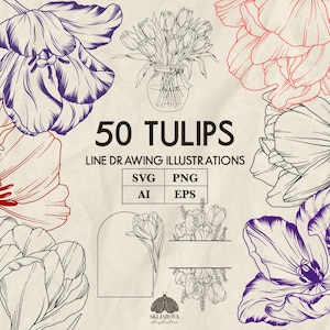 Tulipano Svg Bundle Tulipani Svg Fiori primaverili Svg Contorno tulipano Arte floreale Bordo cornice primaverile Svg Botanico disegnato a mano PNG Design matrimonio