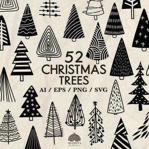 Pacchetto Svg albero di Natale Contorno albero di Natale Disegnato a mano Ornamenti natalizi astratti Svg Albero di pino Svg File Svg invernali per cricut Png