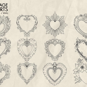 May include: A set of 25 vintage heart illustrations in black and white. The hearts are drawn in a variety of styles, including ornate, simple, and floral. The illustrations are perfect for use in scrapbooking, card making, and other craft projects.