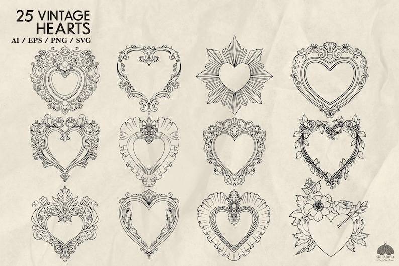 May include: A set of 25 vintage heart illustrations in black and white. The hearts are drawn in a variety of styles, including ornate, simple, and floral. The illustrations are perfect for use in scrapbooking, card making, and other craft projects.