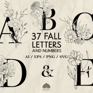 Alfabeto Floral de Outono SVG Pacote Alfabeto de Outono ABC Mão Desenhada Botânico Flor de Outono Letras Números Clipart Monograma Cricut Letra PNG