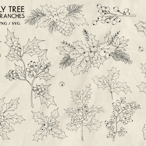 May include: A set of 40 black and white line drawings of holly tree branches with berries. The branches are in various poses and sizes. The drawings are on a light brown background.