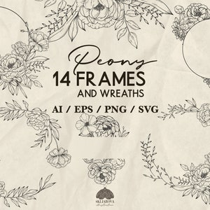 Pfingstrose Blume Rahmen SVG Floral Geometrischer Rahmen Clipart Line Art Kranz Pfingstrosen Blumenkreis Rahmen PNG Botanische Cricut SVG Kommerzielle Nutzung