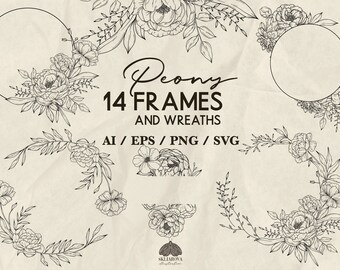 Peony Floral Frames and Wreaths SVG Set: Line Art Designs (+ Png, Eps, Ai)