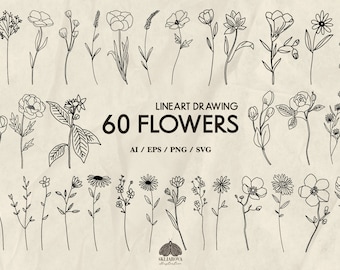 Wildflower Line Art SVG Bundle: 60 Floral Outline Illustrations (+ PNG, EPS)