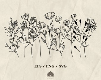 May include: Black line art illustration of various wildflowers and foliage on a cream-colored background. The image includes text that reads "EPS / PNG / SVG" and a small logo. The floral design features detailed outlines of different flower types.