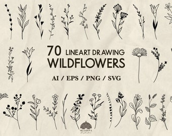 Wildflower Tattoo Design Bundle: Minimalistic Flowers Outline (SVG, PNG, EPS)