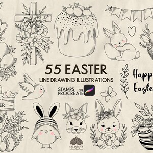 Easter Procreate stamp brushes Easter bunny coloring for procreate Easter egg Easter cross Easter basket Spring drawing stamps for Procreate