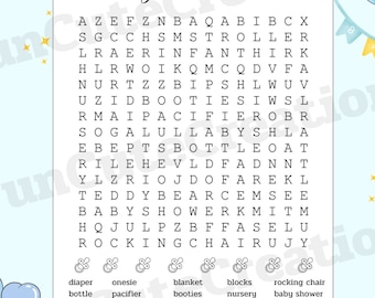 Baby Shower Word Search, Baby Shower for Neutral Theme, Black and White Baby Shower Game, Baby Shower Party Game, Instant Download