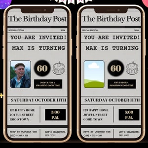 Newspaper Birthday Party Invitation Template, Digital Video Newspaper Birthday Party Invitation, Animated Newspaper Birthday Party Invite
