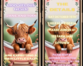 Plantilla de invitación para baby shower de vaca de las tierras altas, invitación digital para baby shower de vaca de las tierras altas, invitación rústica para baby shower, invitación con animales lindos