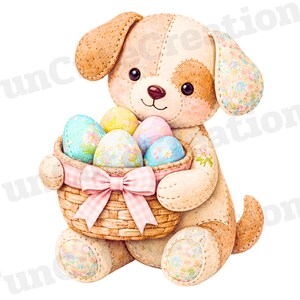 May include: A plush dog toy holding a wicker basket filled with pastel Easter eggs. The dog is tan and white with floral patterned ears and paws. The basket has a pink gingham bow.