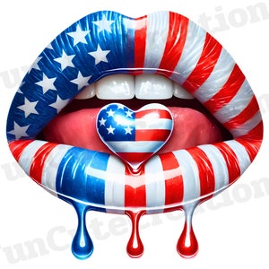 Labios goteantes patrióticos PNG, Clipart de labios goteantes de la bandera estadounidense, PNG de labios goteantes de EE. UU., Clipart del 4 de julio, Clipart de labios del Día de los Caídos