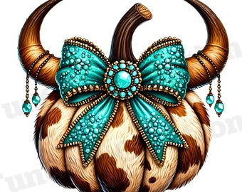 Coquette Bow Cowhide Pumpkin Clipart, Cowhide Pumpkin PNG, Howdy Pumpkin PNG, Turquoise Pumpkin PNG, Cow Print Pumpkin, Fall Clipart