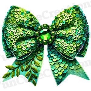 May include: A large green sequined bow with a green jewel in the center. The bow is tied with a green ribbon and has a leafy design on one side.