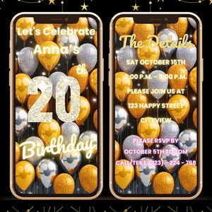 20th Gold and Silver Balloon Birthday Invitation Template, Digital Video Gold and Silver Balloon Invite, Gold and Silver Birthday Invite