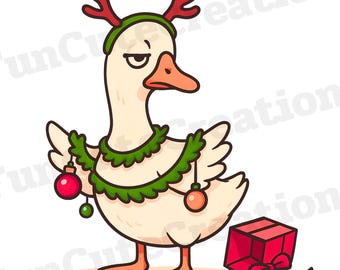 Pacote de imagens PNG de gansos engraçados de Natal, clipart de ganso divertido para as festas, ganso com luzes de Natal, chapéu de Papai Noel e rena para sublimação, clipart de ganso de Natal