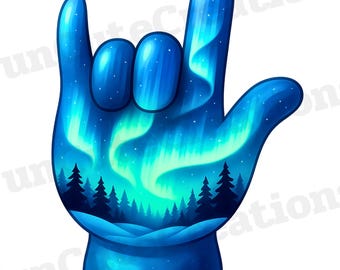 Luva de mão Aurora Eu te amo em ASL PNG, design de camiseta Aurora Boreal, sinal de mão Aurora Boreal, clipart de céu estrelado, clipart de Aurora Boreal de inverno