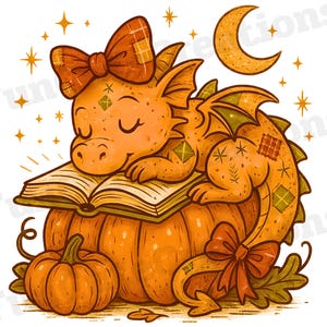 May include: An orange cartoon dragon with a bow, sleeping on a book atop a pumpkin. The dragon has green and brown patches. A smaller pumpkin, crescent moon, and stars complete the autumn-themed illustration.