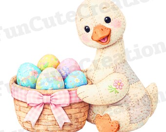 Patchwork Easter Goose Clipart, Silly Goose Easter, Patchwork Embroidery Goose with Easter Eggs, Cute Cottagecore Spring PNG, Easter Decor