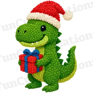 May include: A green dinosaur wearing a red Santa hat and holding a red gift box with a blue bow. The dinosaur has a friendly smile and is covered in a textured pattern. The image has a festive, holiday theme.
