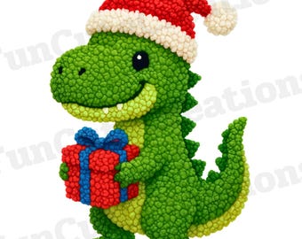 Desenho PNG de um T-Rex de Natal em crochê com agulha de gancho, desenho PNG de um dinossauro em crochê com agulha de gancho, desenho PNG de um dinossauro Papai Noel, estampa de camiseta natalina em fio sintético, clipart de dinossauro para as festas de fim de ano
