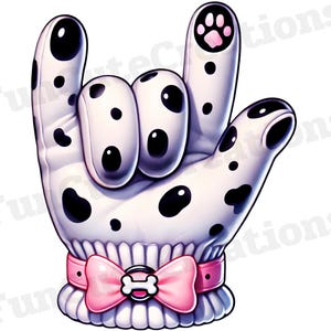 Dalmatische handhandschoen I Love You ASL PNG, hondengebarentaal PNG, hondenliefhebber clipart, gebarentaal huisdier thema, schattige hond handteken clipart
