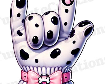Luva de mão dálmata Eu te amo em ASL PNG, Linguagem de sinais para cães PNG, Clipart de amante de cães, Linguagem de sinais com tema de animais de estimação, Clipart de sinal de mão de cachorro fofo