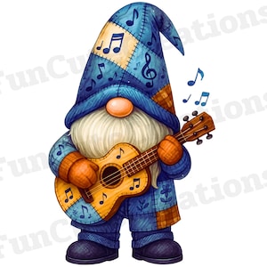 Könnte beinhalten: Illustration eines Zwergs, der Ukulele spielt. Der Zwerg trägt einen blauen Patchwork-Hut und -Outfit, verziert mit Noten. Die Ukulele ist hellbraun, und der Zwerg hat einen langen weißen Bart und eine orangefarbene Nase.