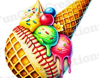May include: A baseball-shaped waffle cone filled with scoops of ice cream, including vanilla, green mint, and strawberry. The ice cream is topped with sprinkles and cherries. The cone is topped with a waffle cone.