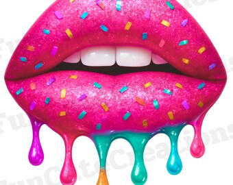 May include: A graphic illustration of pink lips covered in colorful sprinkles. The lips have a glossy finish and are dripping with colorful, iridescent liquid in shades of purple, teal, orange, and blue.