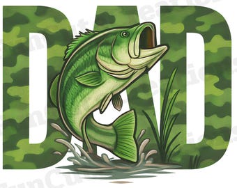 Könnte beinhalten: Grüner Tarnmusterhintergrund mit dem Wort "DAD" in weißen Buchstaben. Ein grüner Barsch springt vor dem Wort "DAD" aus dem Wasser.
