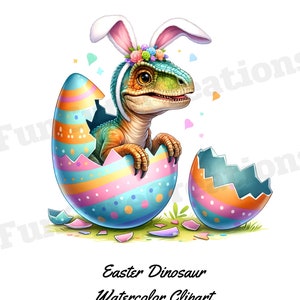 May include: A green dinosaur wearing a bunny headband and a flower crown is hatching from a colorful Easter egg. The egg is cracked open and the dinosaur is peeking out. There is a second cracked egg shell on the ground.