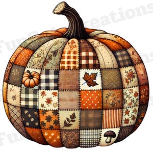 Peut inclure: Une citrouille décorative avec un motif patchwork. La citrouille est composée de divers motifs de tissu dans des tons d'orange, de marron et de crème, avec une tige marron foncé. De petits détails de citrouille et de feuilles sont inclus.