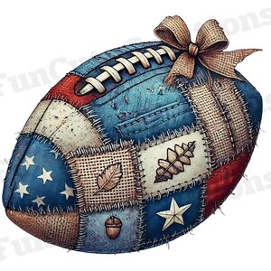 May include: A decorative football with a patchwork design featuring red, white, and blue patches. The patches include stars, leaves, and an acorn. A brown burlap bow is tied at the top. The football is designed with a rustic, Americana theme.