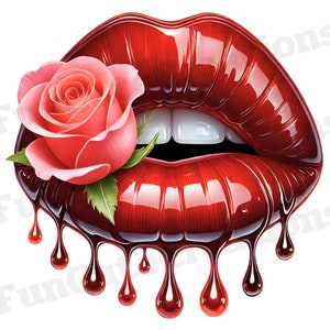 Dripping Lips with Pink Rose PNG, Rose Lips Clipart, Romantic Lips PNG, Glamorous Dripping Lips PNG, Valentine Lips Clipart, Floral Lips Art