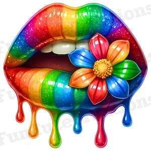 May include: Rainbow-colored lips with a dripping effect, a colorful flower is partially in the mouth.