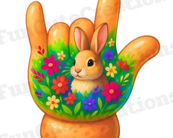 Luva de mão de coelho da primavera "Eu te amo" em ASL PNG, Clipart de coelho floral em linguagem de sinais, Design fofo de jardim de Páscoa, Sublimação de coelho, Decoração de primavera