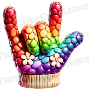 Rękawiczka Rainbow Cobbles Hand Glove Kocham Cię ASL PNG, Język migowy Self Love PNG, Clipart Pride, Clipart Empowerment, Znak dłoni Pride Month