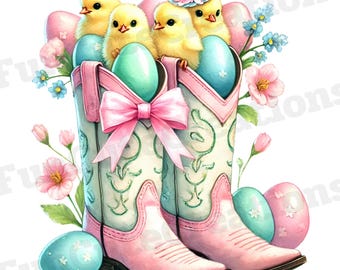 Botas de Cowboy Pintinhos de Páscoa Coquete PNG, Botas de Páscoa Ocidental PNG, Feliz Dia de Páscoa PNG, Clipart de Páscoa Country, Pintinhos de Páscoa Cowgirl