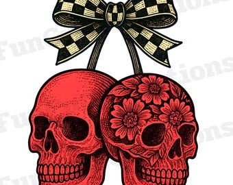 Vintage Skull Cherries Checkered Bow PNG, Halloween Cherry PNG, Spooky Season PNG, Trick or Treat Clipart, Floral Skull Shirt, Goth Girl Bow