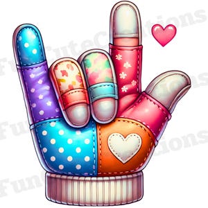 May include: A colorful patchwork glove in the shape of the American Sign Language symbol for "I love you". The glove has a pink, orange, blue, and purple patchwork design with white polka dots and floral patterns. There is a white heart on the orange part of the glove and a pink heart in the upper right corner of the image.