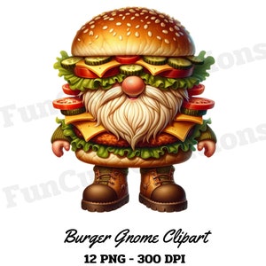 May include: A cartoon gnome dressed as a hamburger. The gnome has a white beard and a red nose. The hamburger is made with a sesame seed bun, lettuce, tomato, cheese, and a meat patty. The gnome is wearing brown boots.